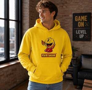 Pac-Man Yellow Hoodie Men’s Med Embroidered Chenille Graphic Retro Gaming